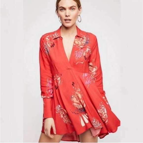 Free People Red Field Of Butterflies Long Sleeve Collared Tunic - Picture 1 of 10